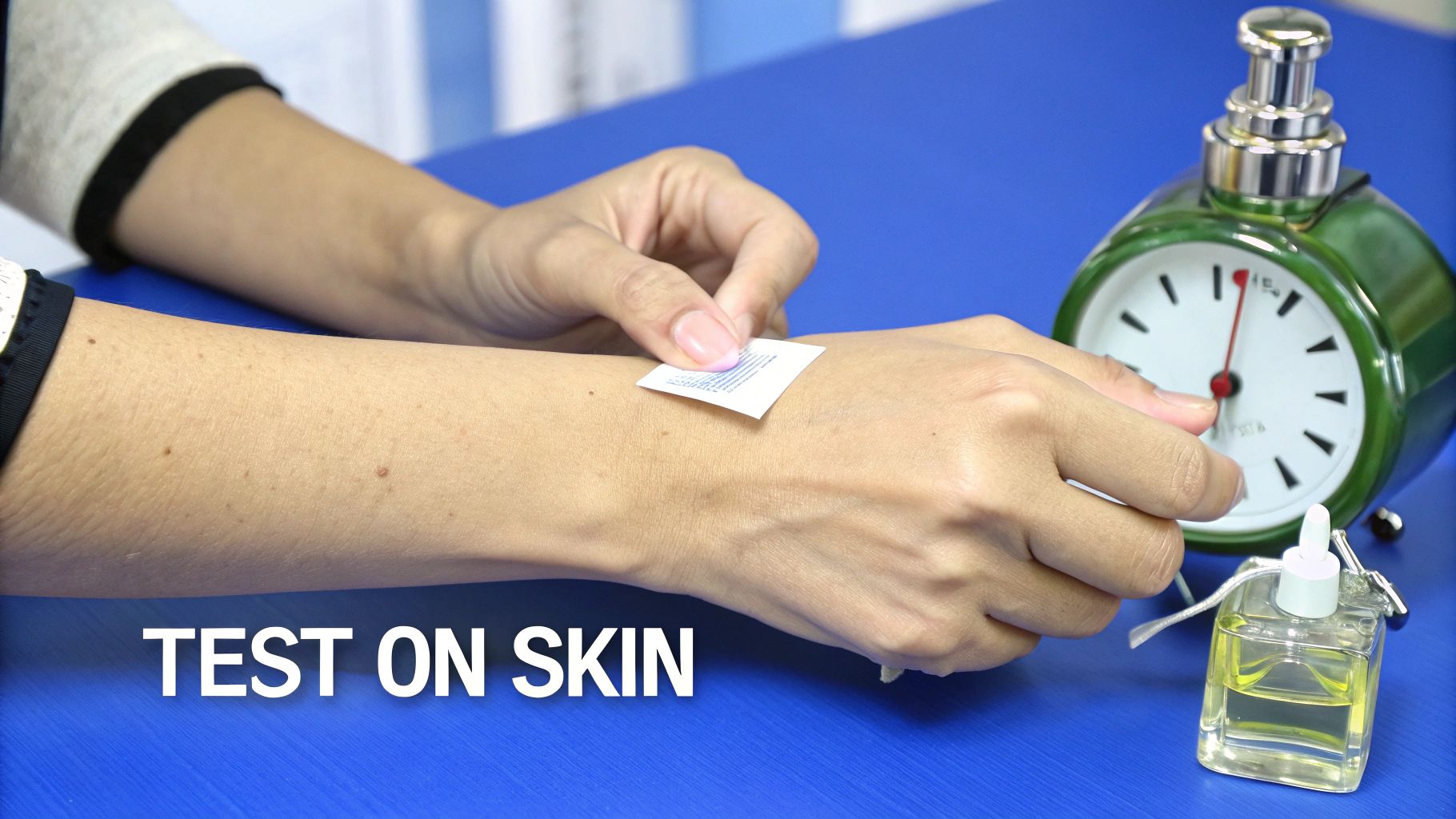 A person's hand applies a skin test patch to their forearm, with a clock and perfume bottle nearby.