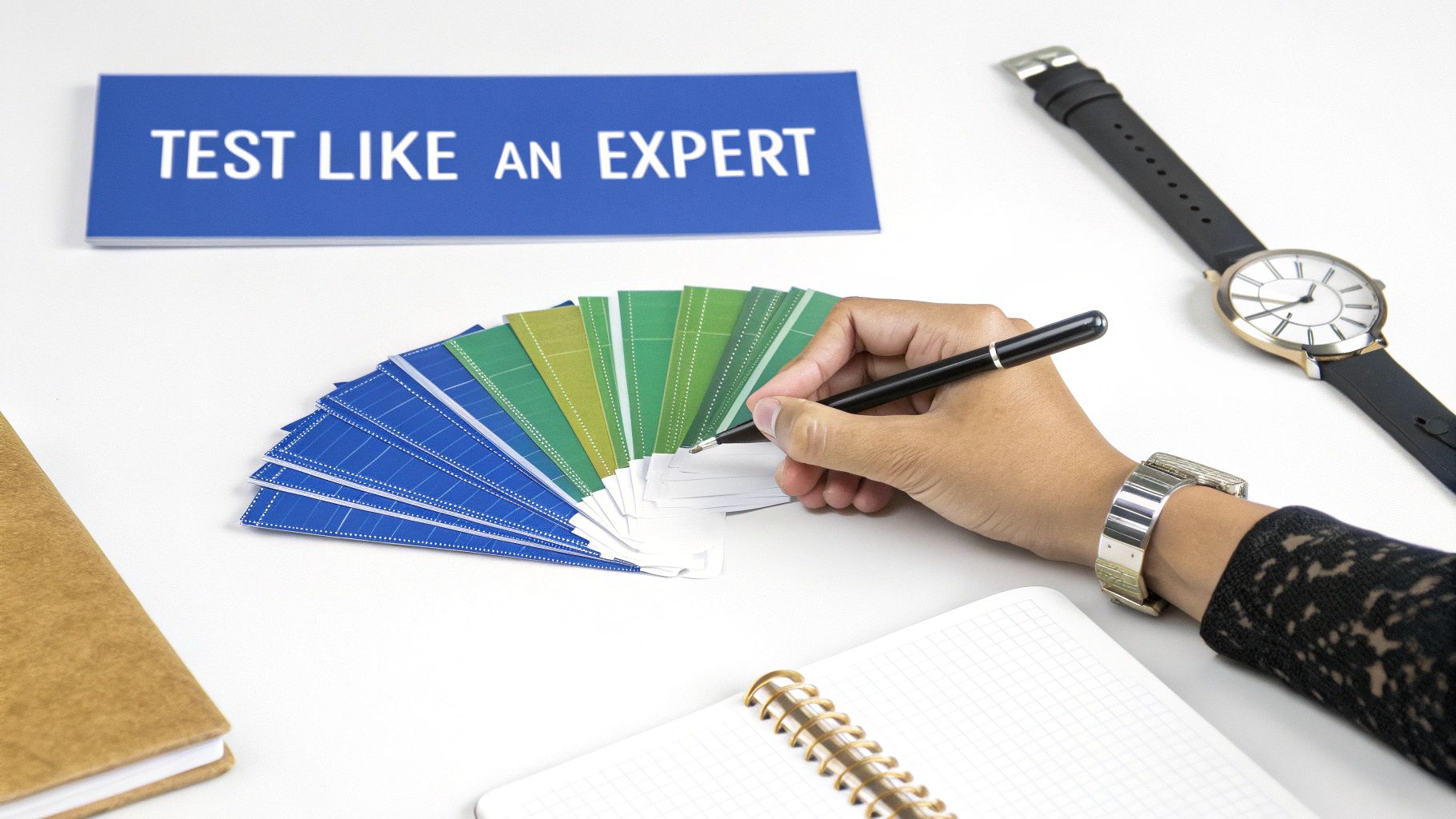A hand writes on a test card from a fan of color swatches, next to a 'TEST LIKE AN EXPERT' sign.