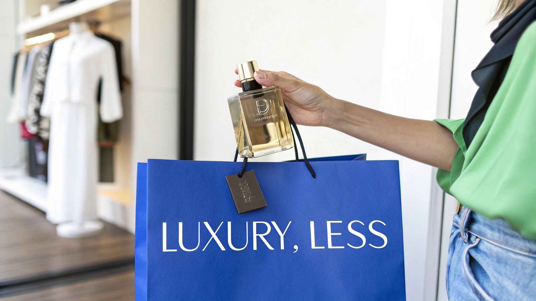 Finding Discount Name Brand Cologne That Is *Absolutely* Authentic 1 A hand places a gold perfume bottle into a blue shopping bag featuring 'LUXURY, LESS' text, inside a clothing store.