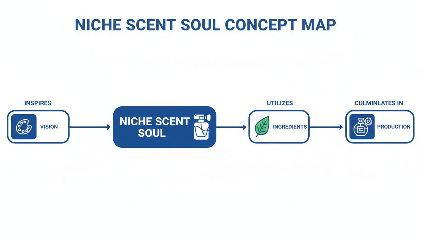 A concept map illustrating the Niche Scent Soul creation process, from initial vision to final production.