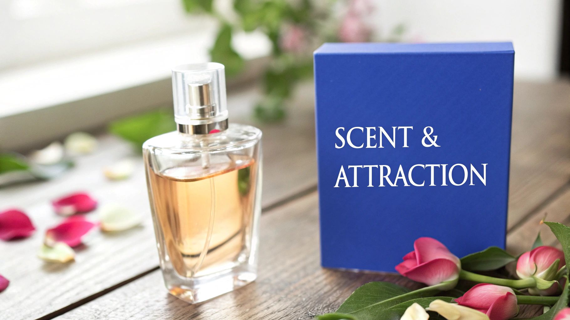 A clear perfume bottle next to a blue box with 'SCENT & ATTRACTION' text, surrounded by pink rose petals.