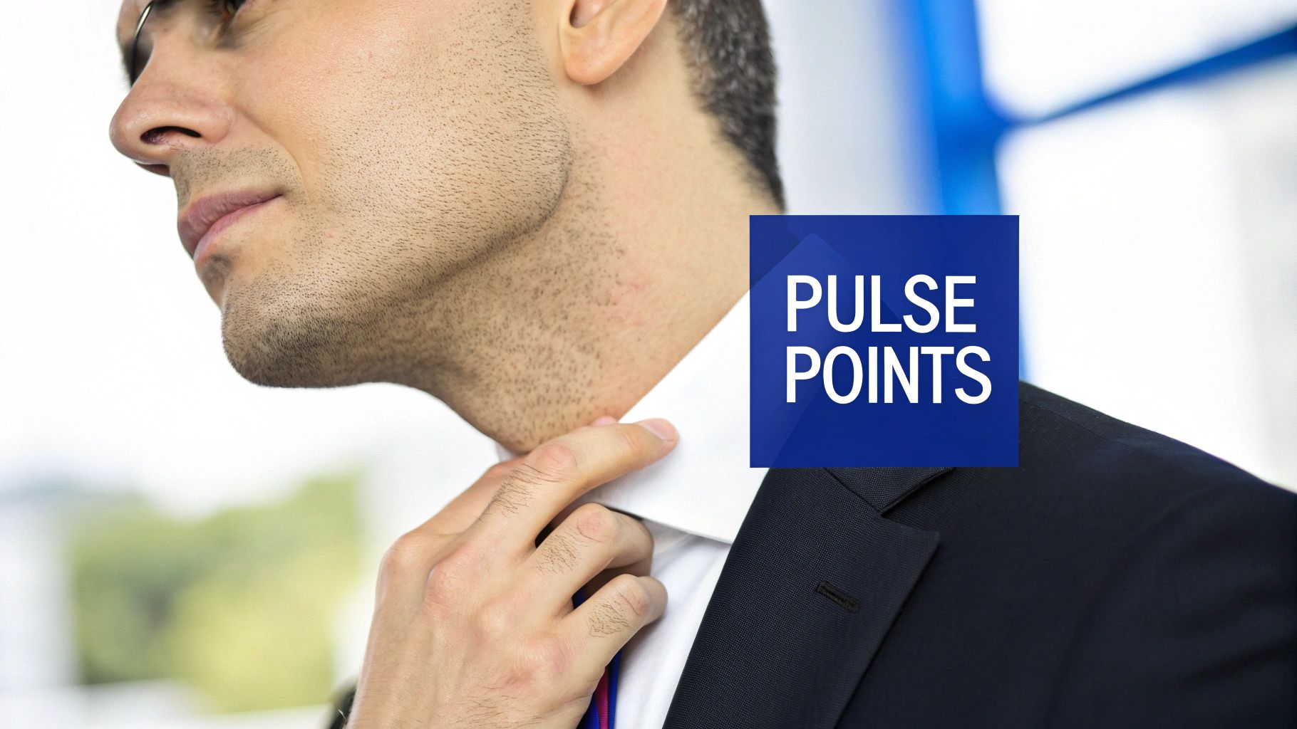 Close-up of a man in a suit adjusting his collar, with "PULSE POINTS" text overlay.