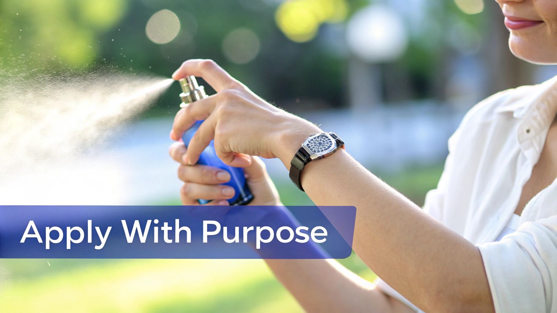 Close-up of a person spraying a blue bottle, possibly perfume, with a watch on their wrist.