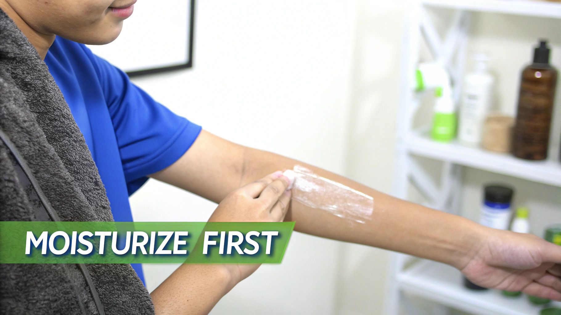 Person applying moisturizing lotion to arm before perfume application in bathroom setting