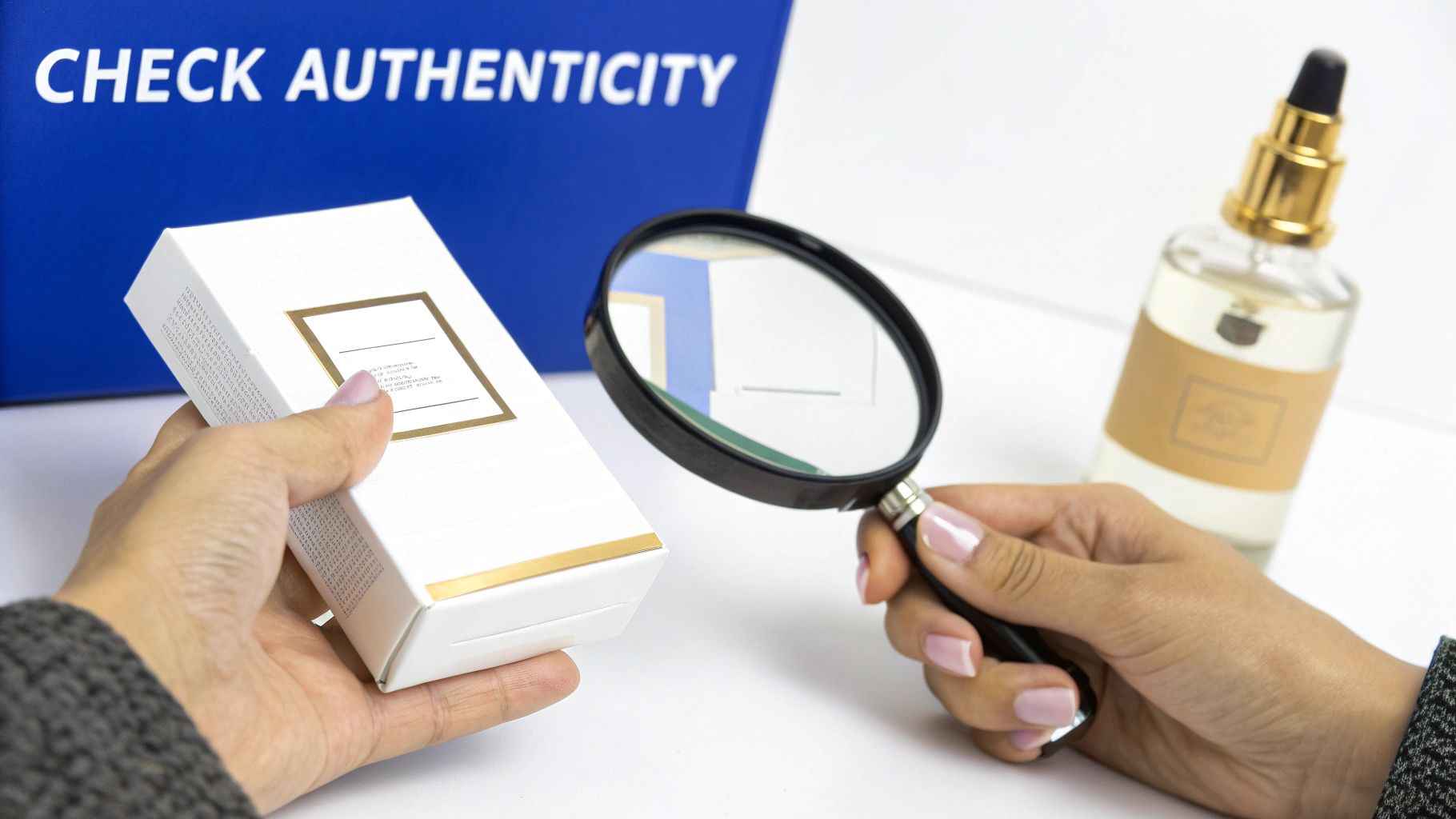 Hands checking the authenticity of a white perfume box with a magnifying glass, with a perfume bottle in the background.