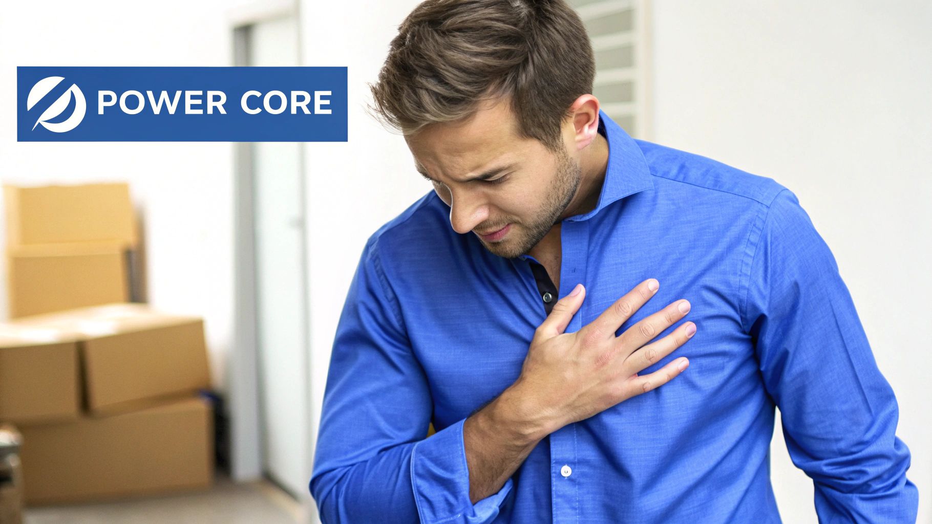 A man in a blue shirt holds his chest, possibly experiencing discomfort, with a 'POWER CORE' logo.