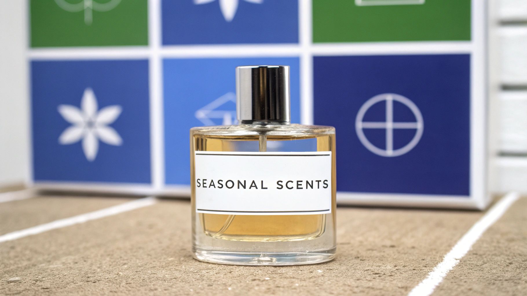 A bottle of 'Seasonal Scents' perfume on a textured surface with a colorful, symbolic background.