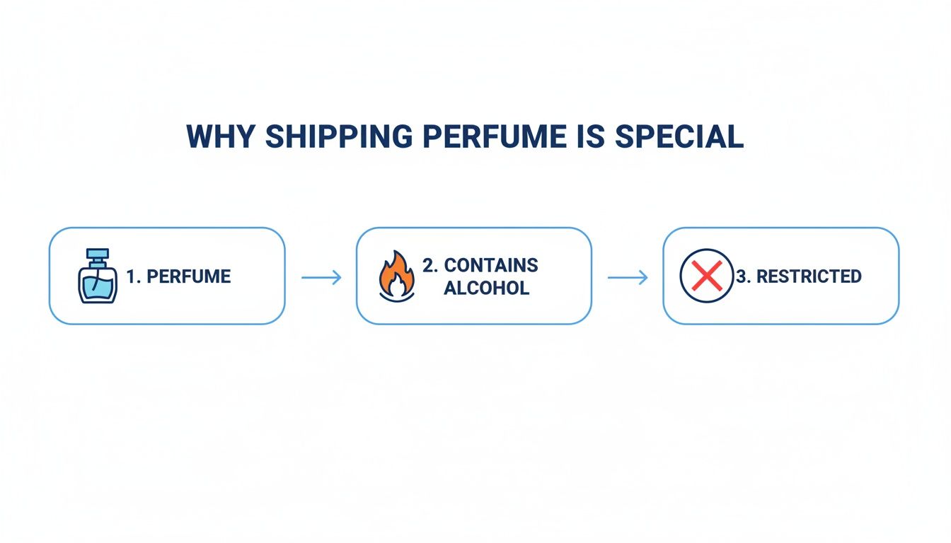 Flowchart explaining why shipping perfume is special: Perfume contains alcohol, making it restricted.