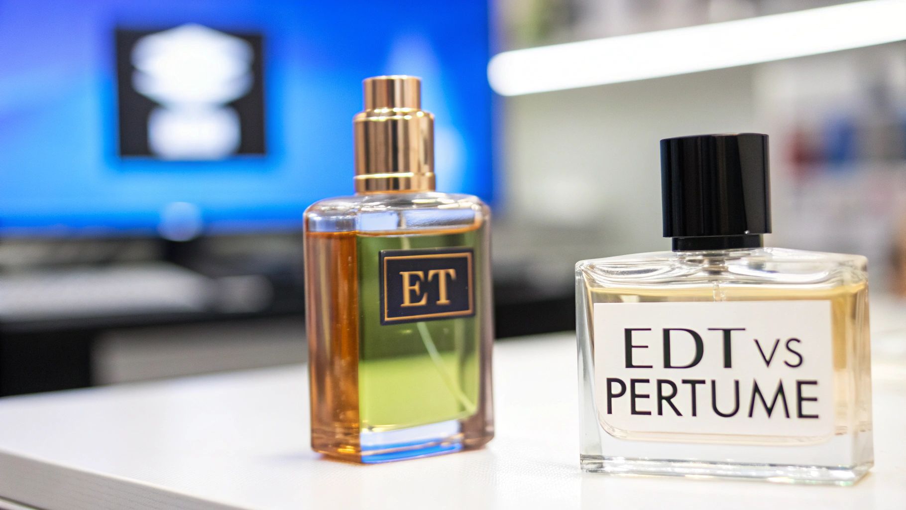 Two stylish perfume bottles, one labeled 'EDT vs PERFUME' and the other 'ET', on a a white counter.