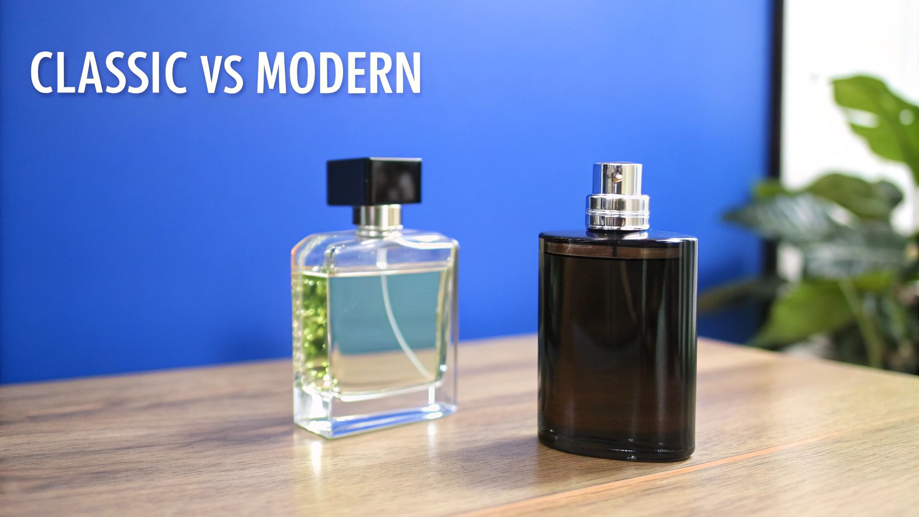 Two perfume bottles on a wooden table, one classic clear and one modern dark, against a blue background.