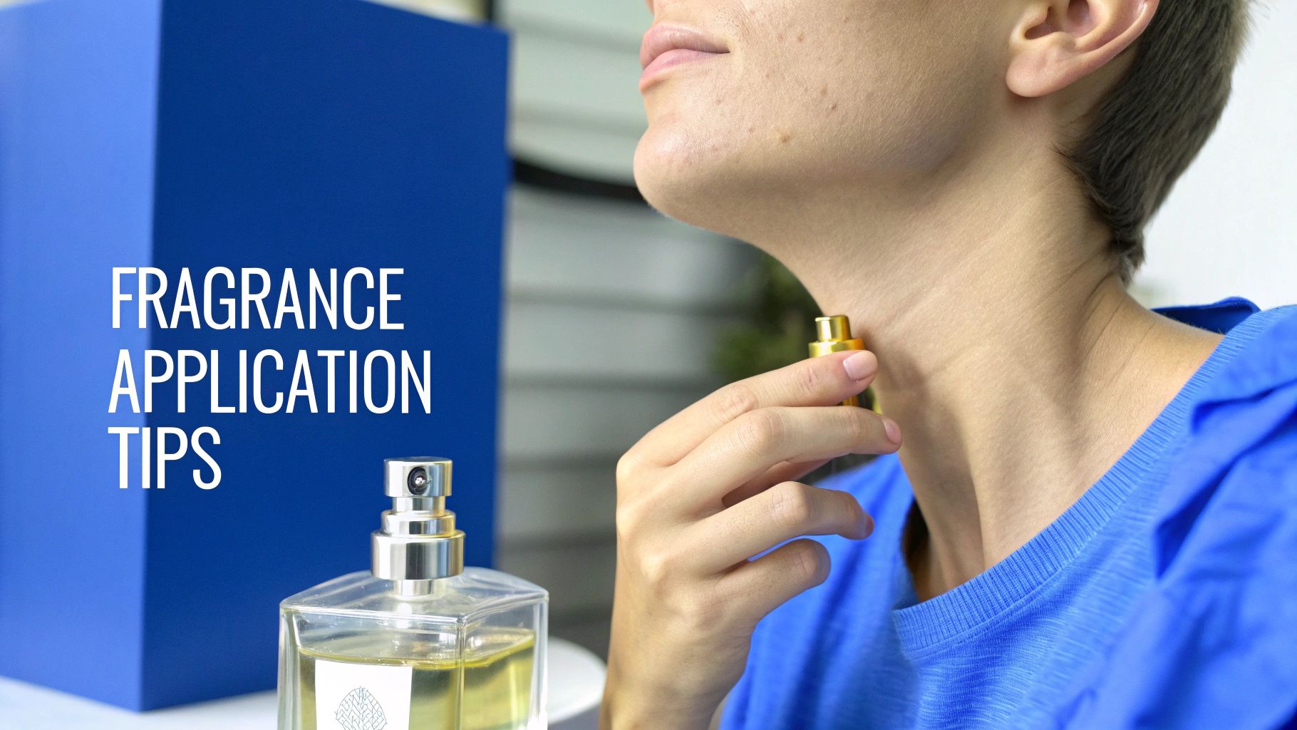 A person applies perfume to their neck, illustrating fragrance application tips with a bottle.