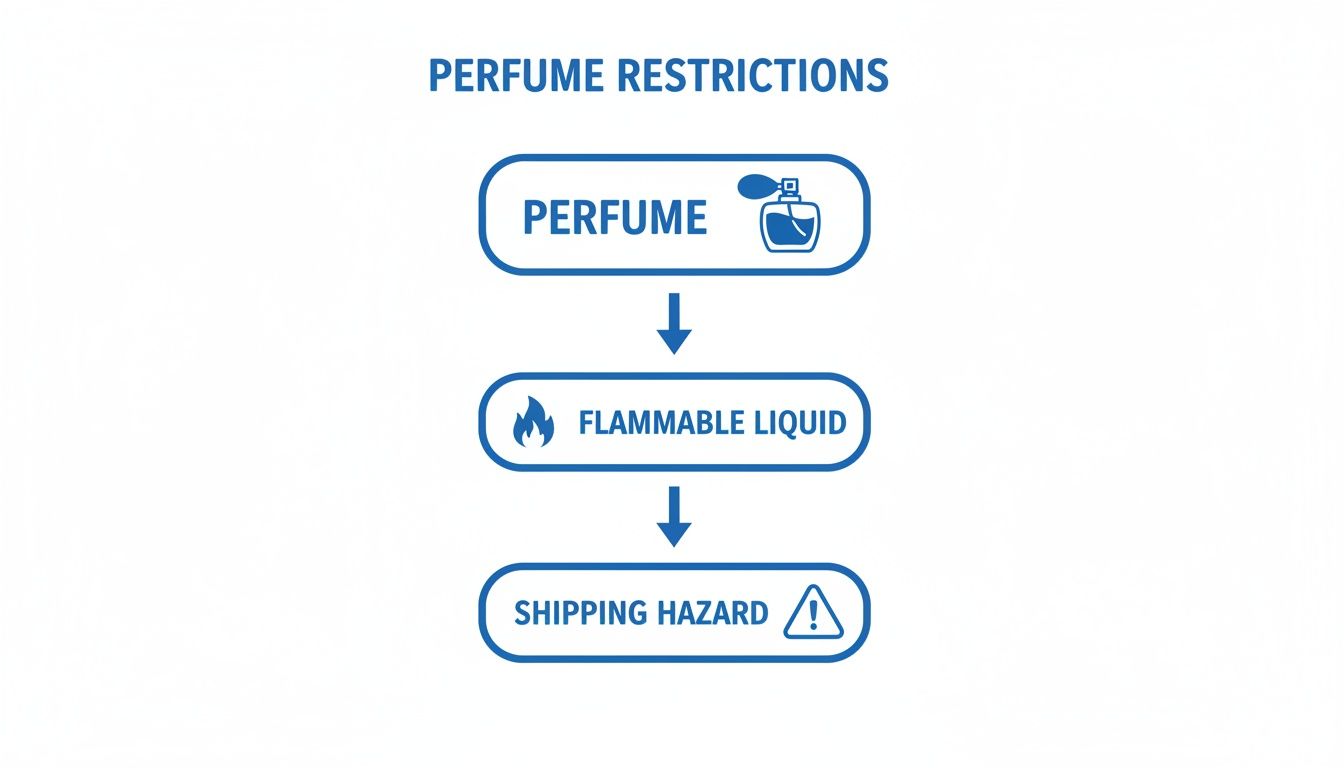 Flowchart illustrating perfume shipping restrictions, showing perfume as a flammable liquid and thus a shipping hazard.