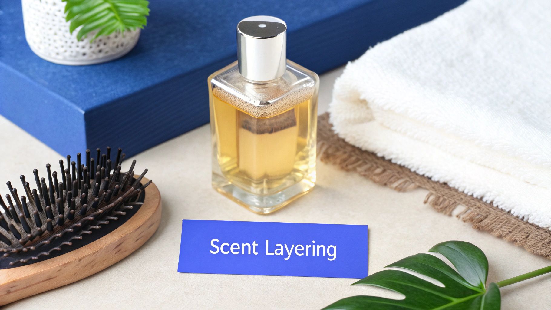 A perfume bottle, hairbrush, towels, and a 'Scent Layering' card on a light surface.