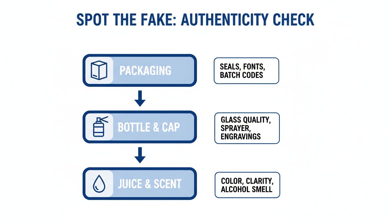 Finding Discount Name Brand Cologne That Is *Absolutely* Authentic 3 Flowchart showing steps for authenticity check: packaging, bottle & cap, and juice & scent inspection.