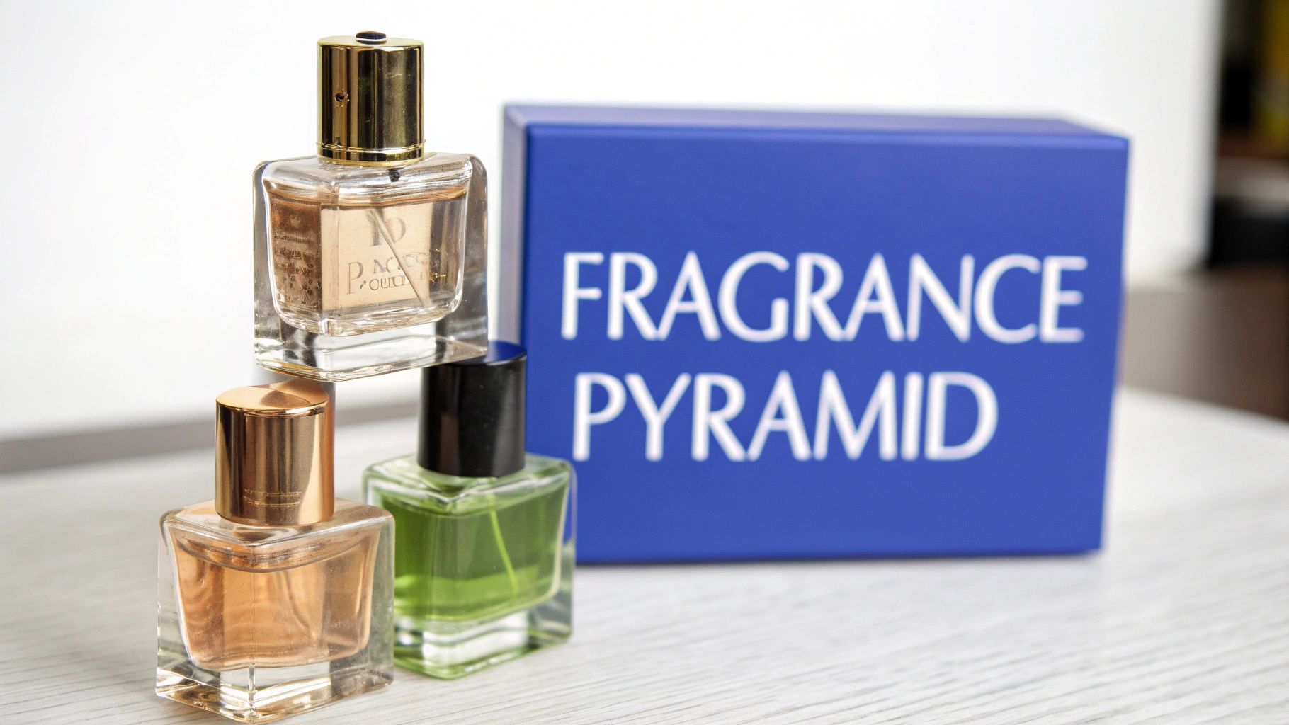 Three elegant perfume bottles, two stacked, alongside a blue box labeled 'FRAGRANCE PYRAMID'.