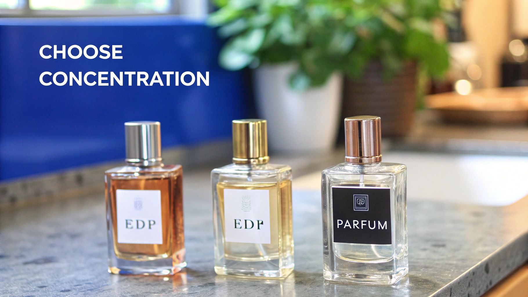 Three perfume bottles labeled EDP and Parfum on a counter, showing different concentrations.