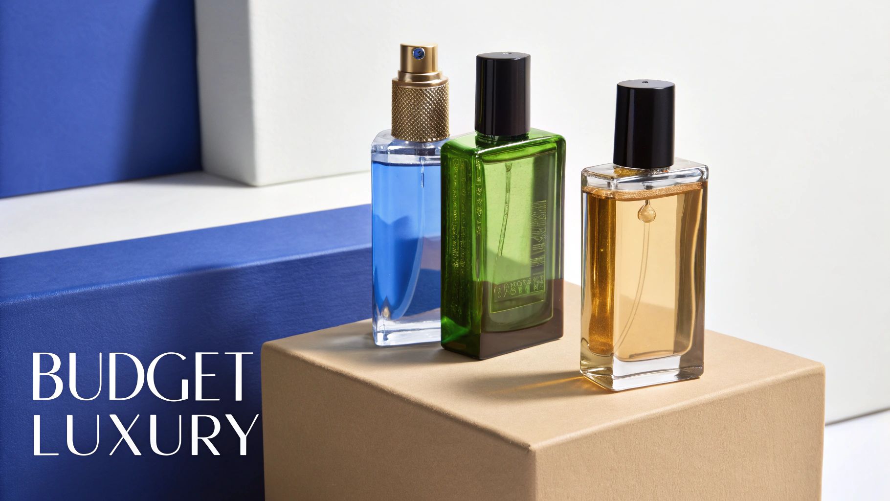 Three elegant cologne bottles (blue, green, amber) displayed on a beige block with a blue background.