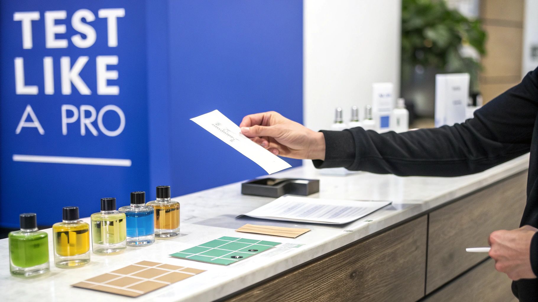A person's hand offers a white paper at a perfume testing station with colorful bottles.