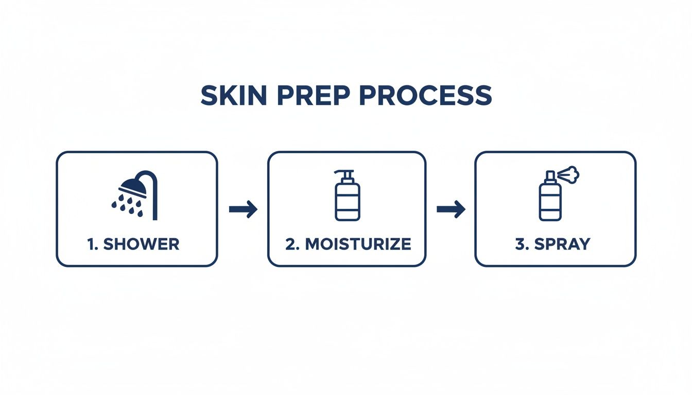Diagram illustrating a 3-step skin preparation process: shower, moisturize, and spray.
