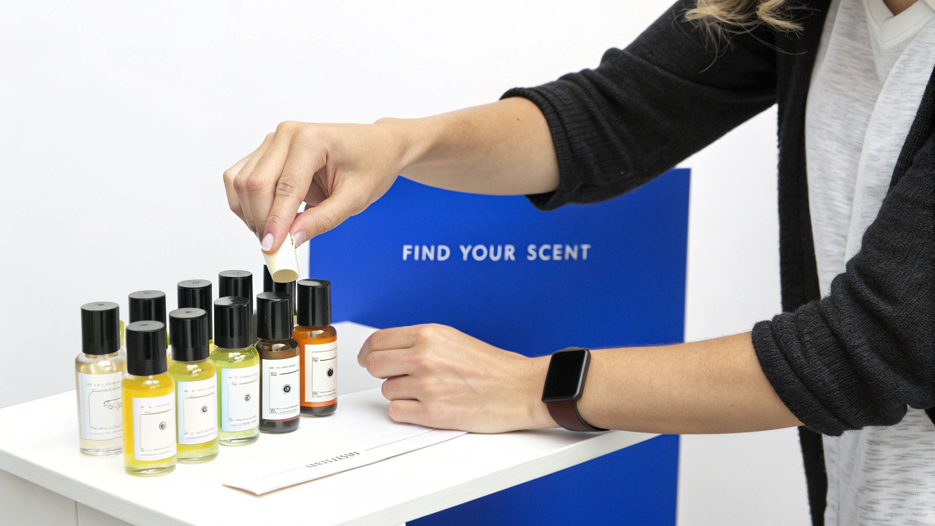 A person's hands holding a test strip over various small fragrance sample bottles on a white table.