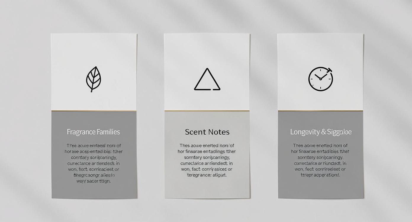 Three minimalist cards detailing fragrance families, scent notes, and longevity with icons for perfumes.