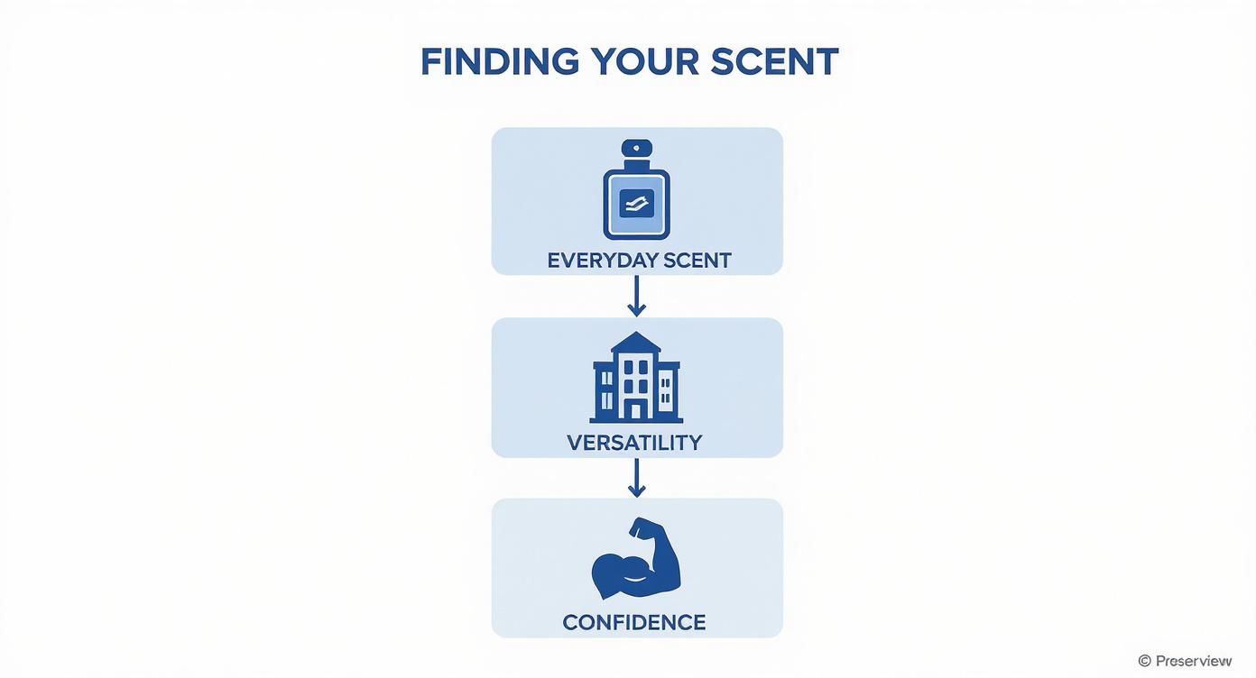 A flowchart illustrating the path to finding your ideal everyday scent, leading to versatility and confidence.