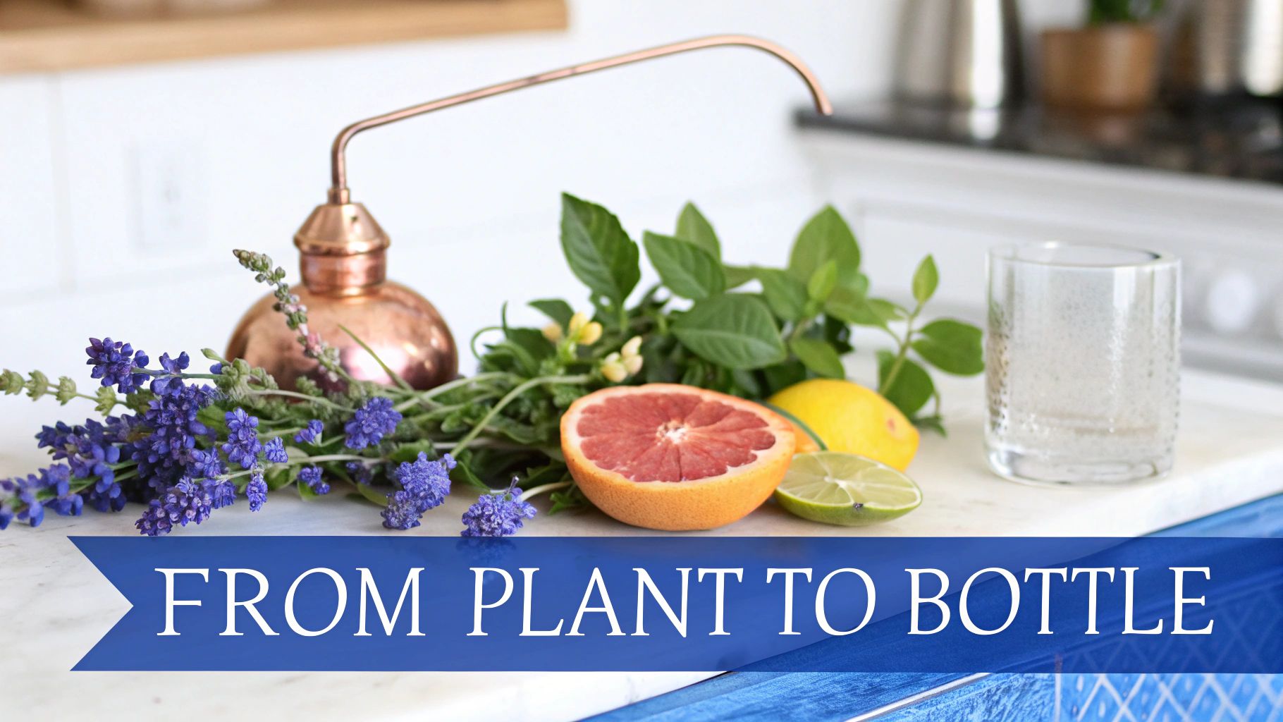 A copper still, fresh lavender, herbs, grapefruit, lemon, lime, and glass on a marble counter, with the text 'FROM PLANT TO BOTTLE'.