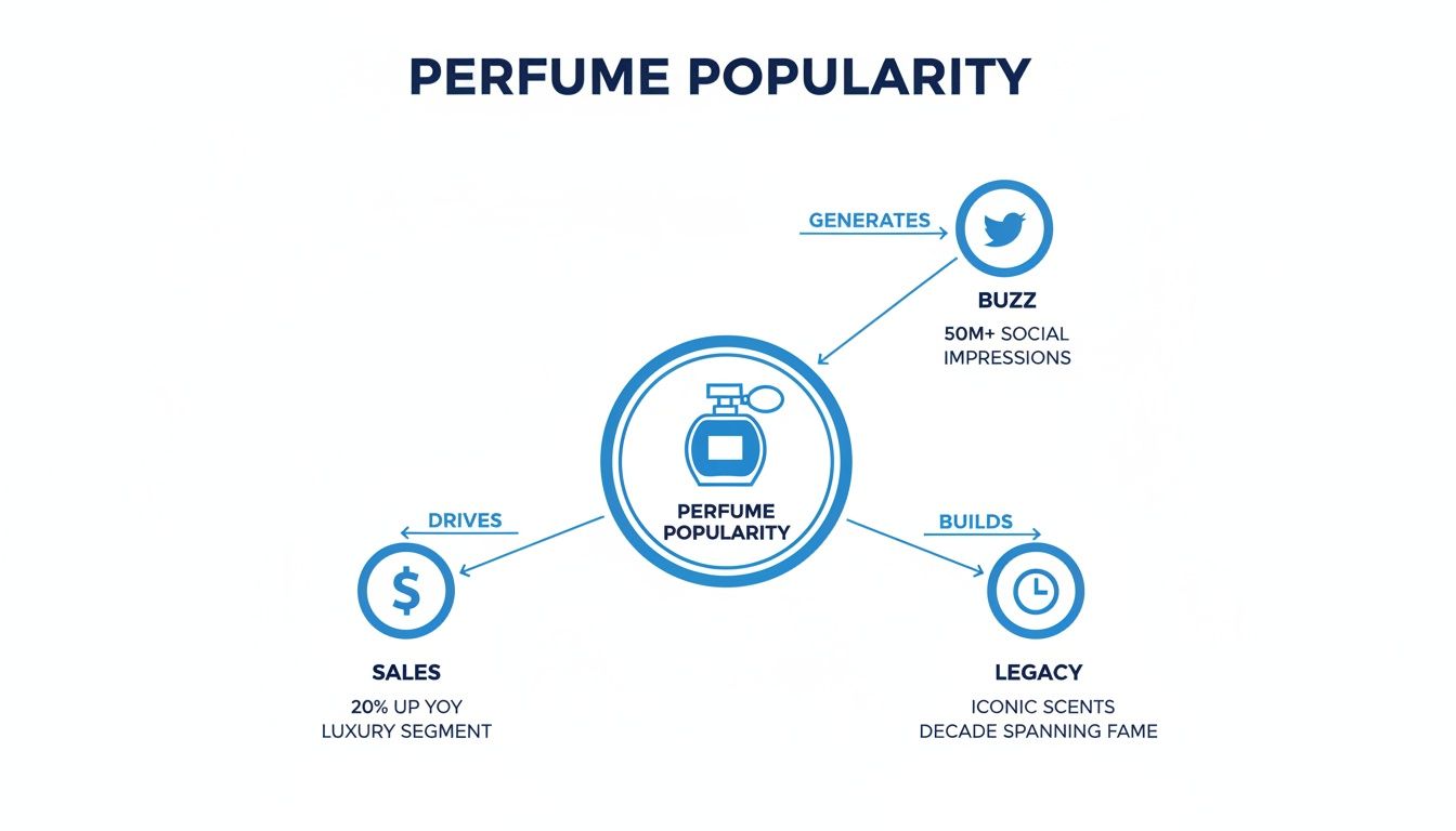 Diagram showing how perfume popularity generates social media buzz, drives sales, and builds a lasting legacy.