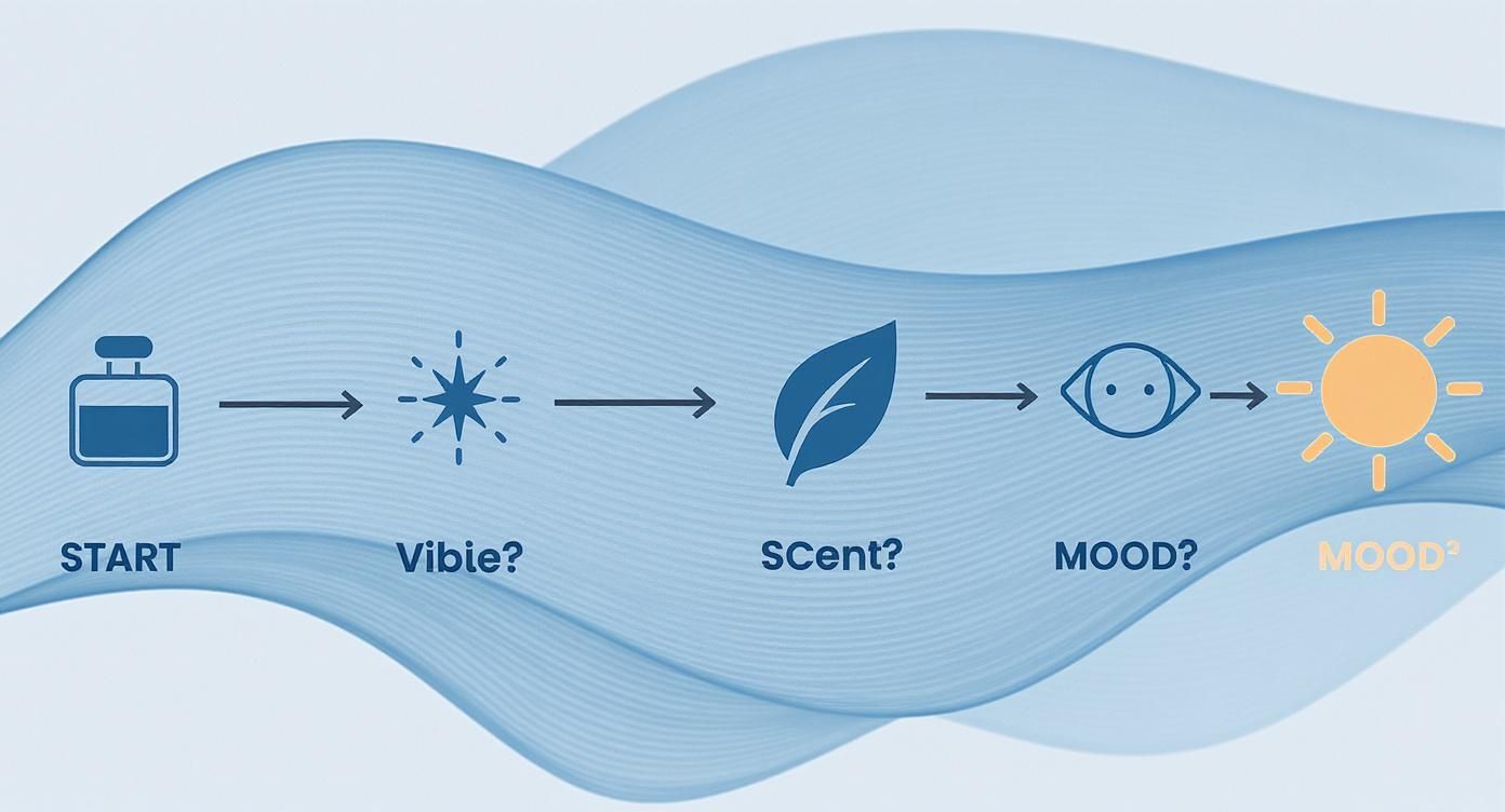 Flowchart showing fragrance creation process from bottle through vibes, scent, and mood to final product