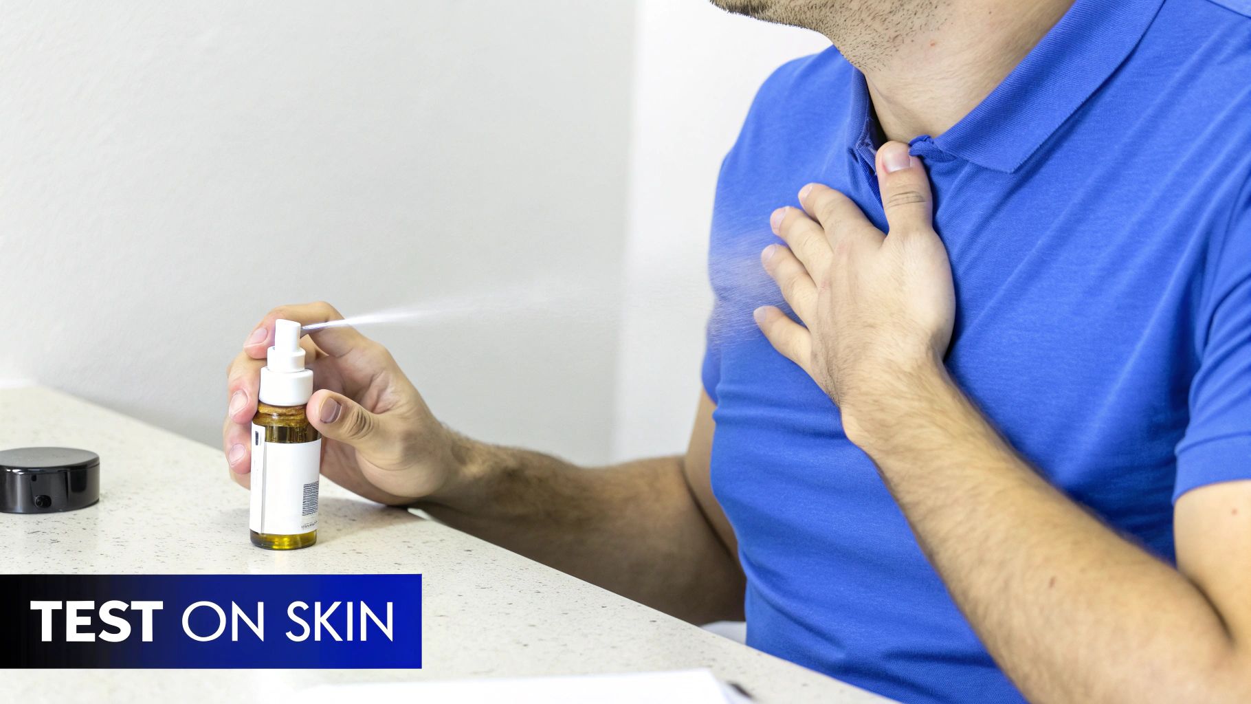 A man in a blue shirt sprays a product from a bottle onto his chest, demonstrating a skin test.
