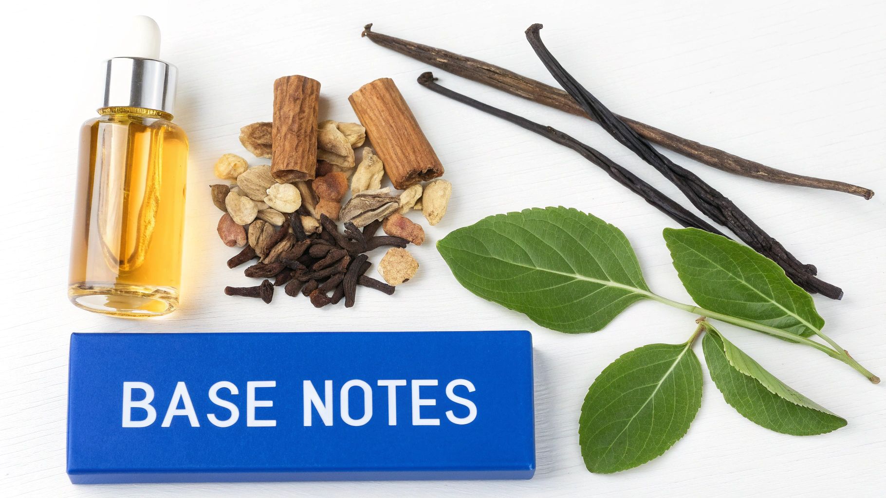 A dropper bottle of essential oil, spices, vanilla pods, and green leaves next to a 'BASE NOTES' label.