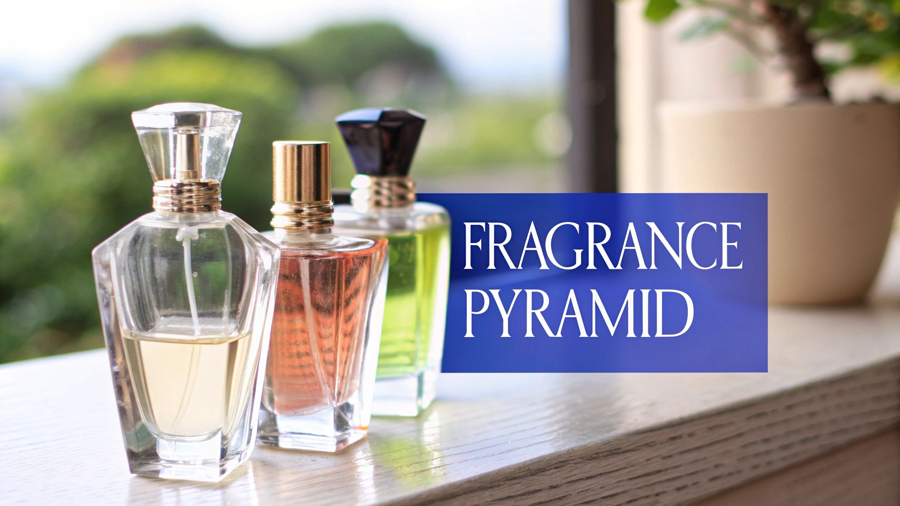 Three colorful perfume bottles on a wooden surface with a 'FRAGRANCE PYRAMID' text overlay.