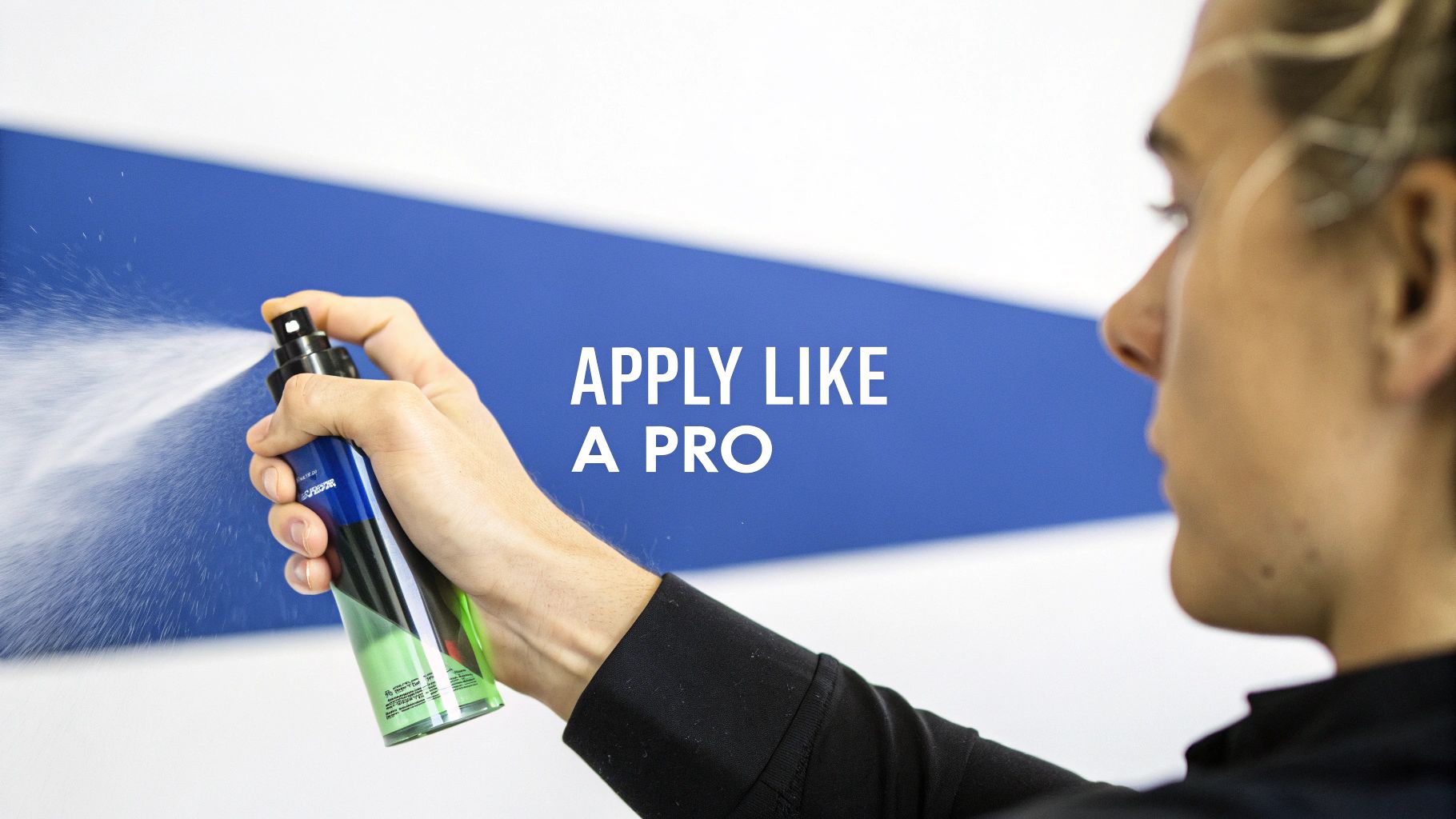 A hand sprays product from a blue, green, and black bottle, with 'APPLY LIKE A PRO' text.