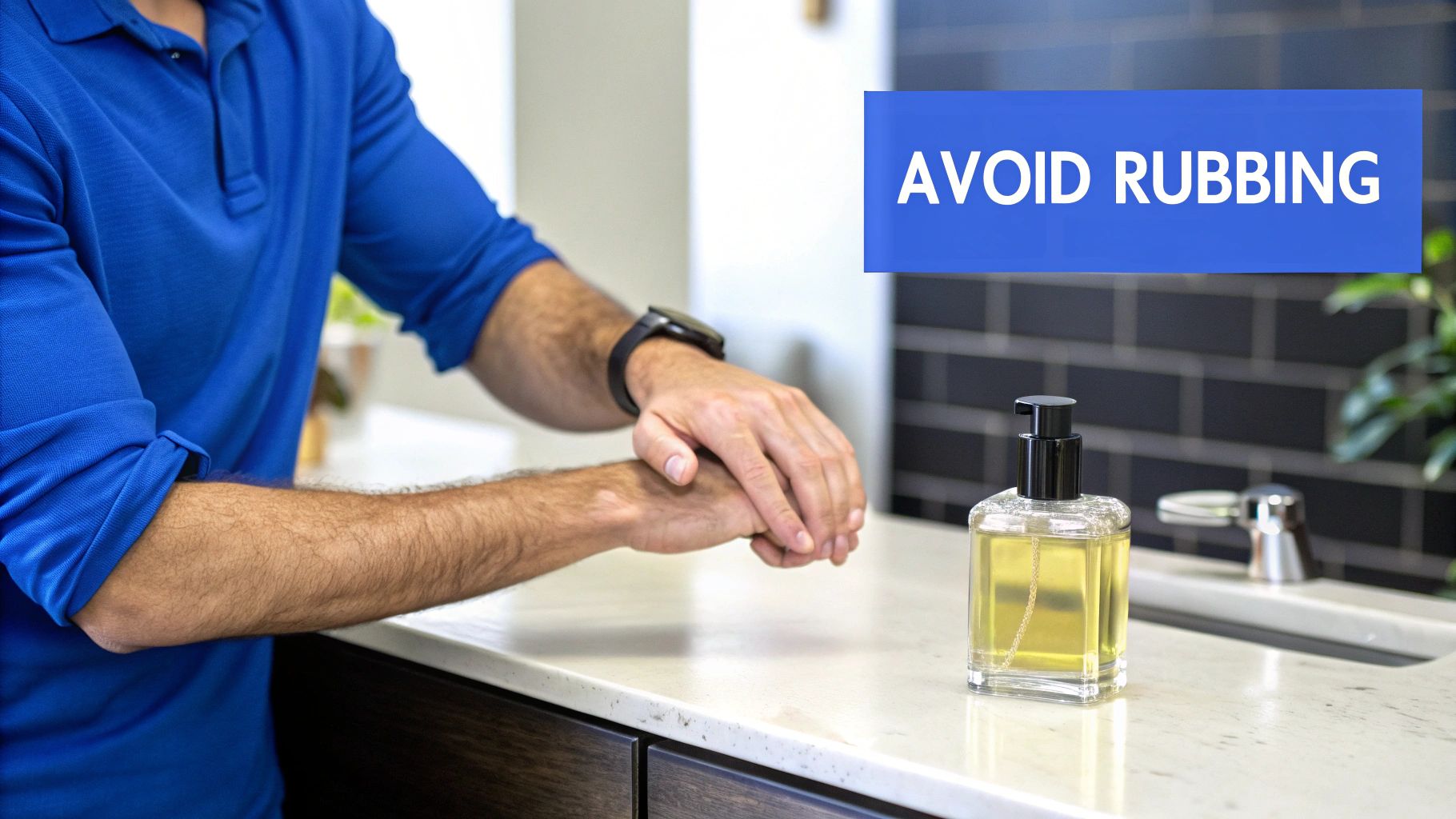A man in a blue shirt applies liquid from a clear pump bottle, with a text overlay 'AVOID RUBBING'.