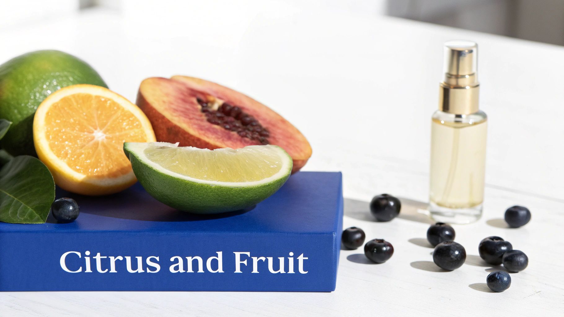 A vibrant collection of citrus fruits, papaya, and blueberries alongside a golden perfume bottle, resting on a blue box.
