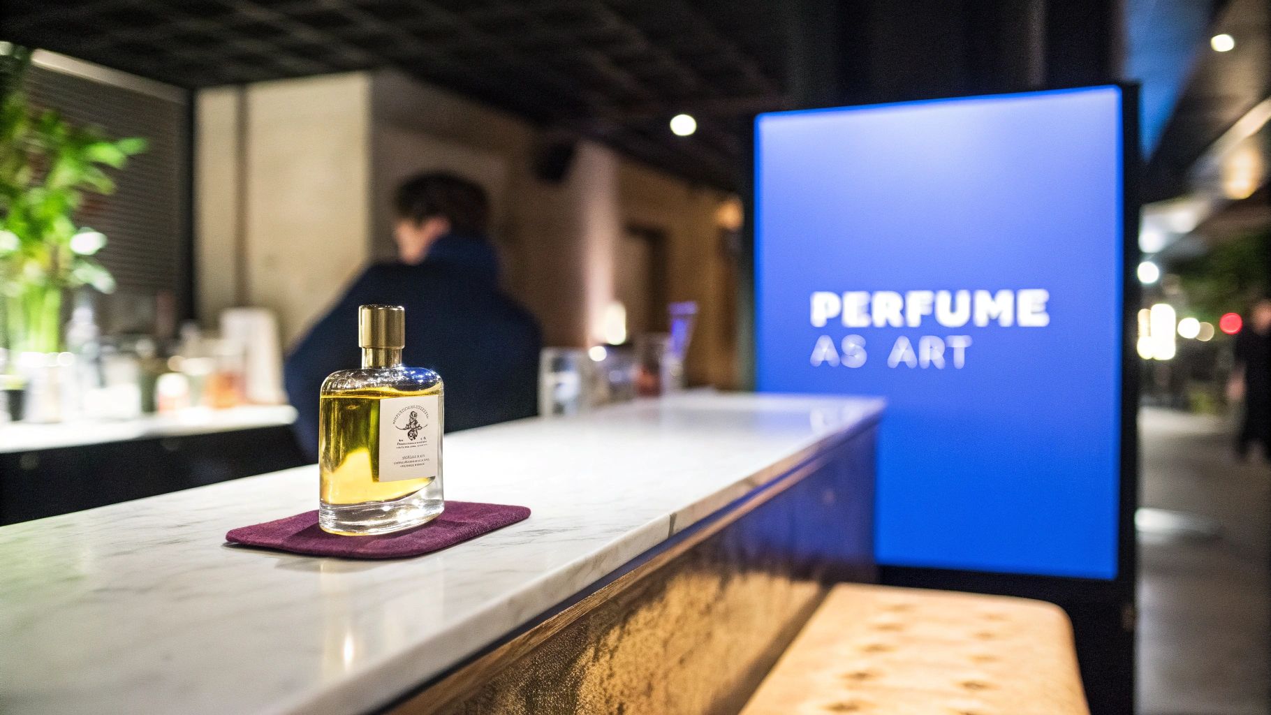 A unique perfume bottle on a marble counter with a blue 'PERFUME AS ART' sign.