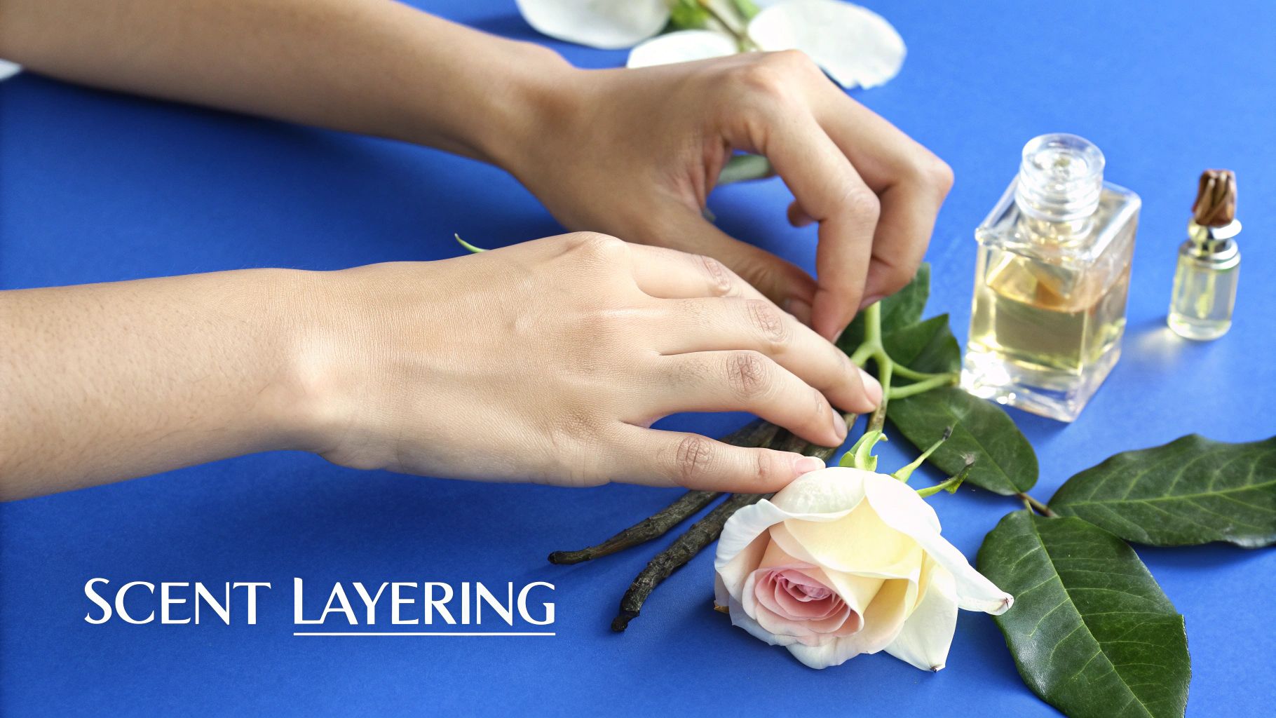 Hands arranging vanilla beans, a pink and white rose, and green leaves next to perfume bottles on a blue surface for scent layering.