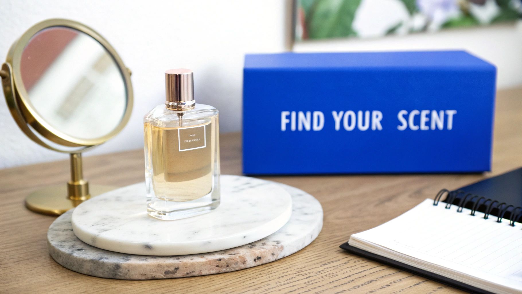 A perfume bottle on marble coasters, a golden mirror, and a blue 'FIND YOUR SCENT' box on a wooden desk.