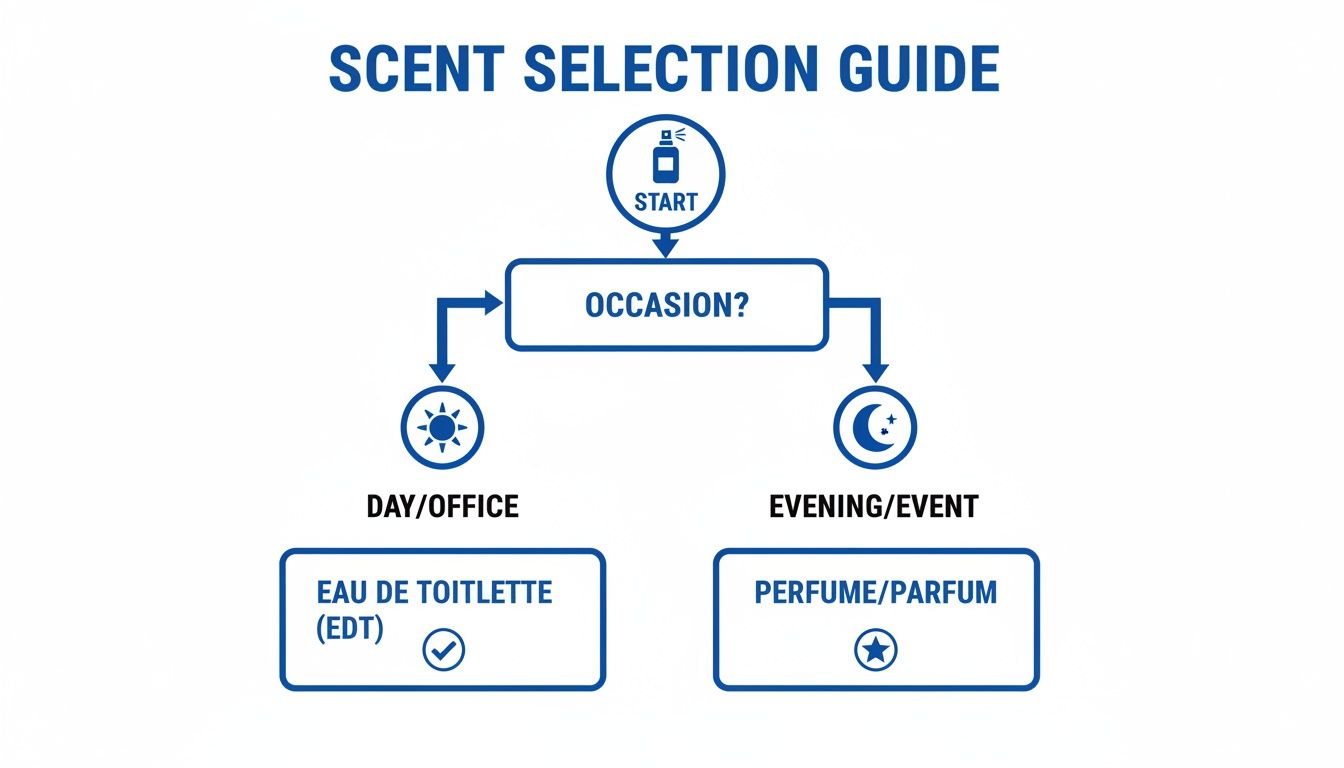 A flowchart guiding scent selection: Eau de Toilette for day/office, Perfume for evening/event.