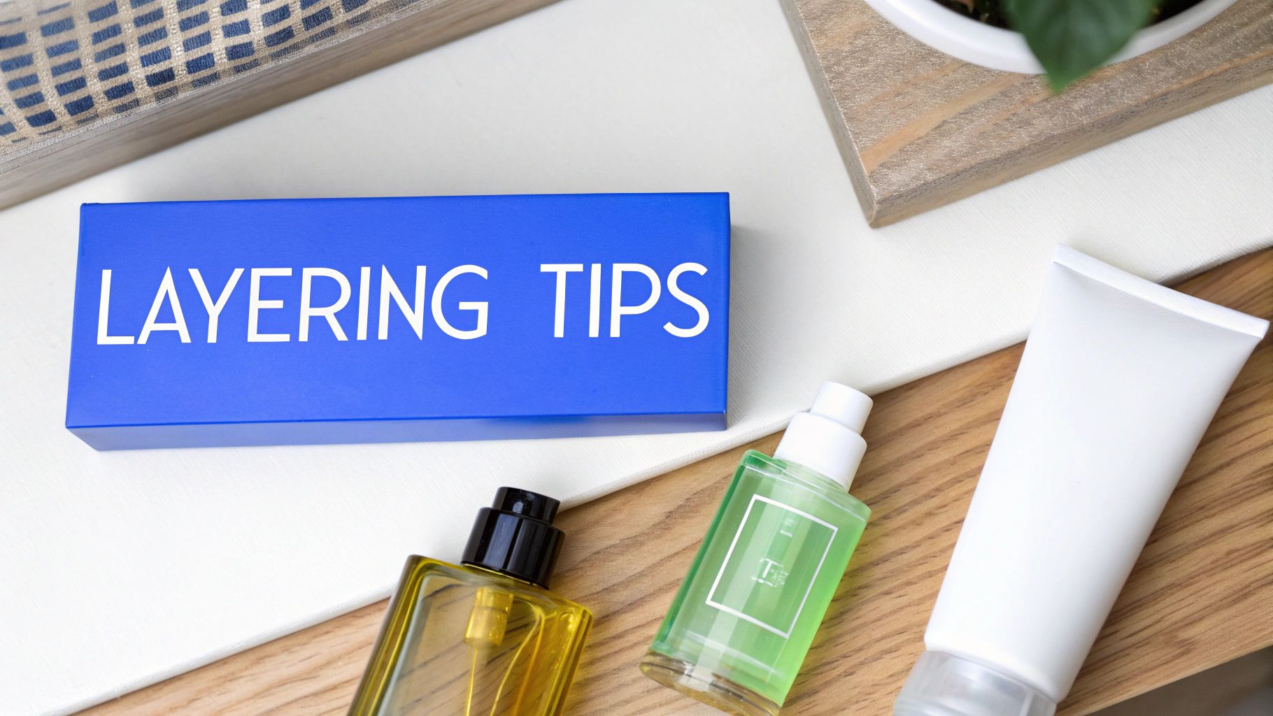 A blue box with 'LAYERING TIPS' text, accompanied by three beauty product bottles on a wooden surface.