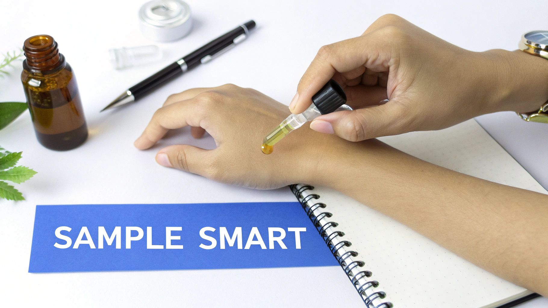 A hand applies amber liquid from a dropper to skin, with a "SAMPLE SMART" card and a bottle.