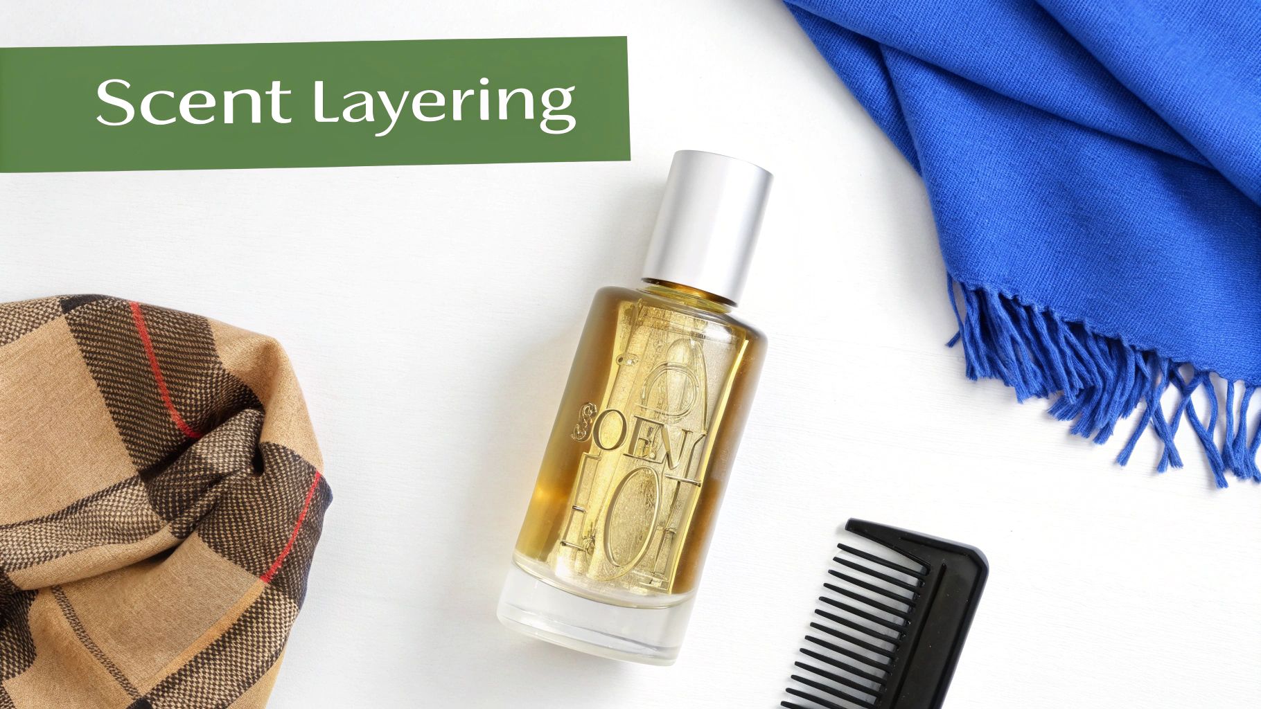 A flat lay with a perfume bottle, plaid scarf, blue scarf, and comb, highlighting 'Scent Layering'.