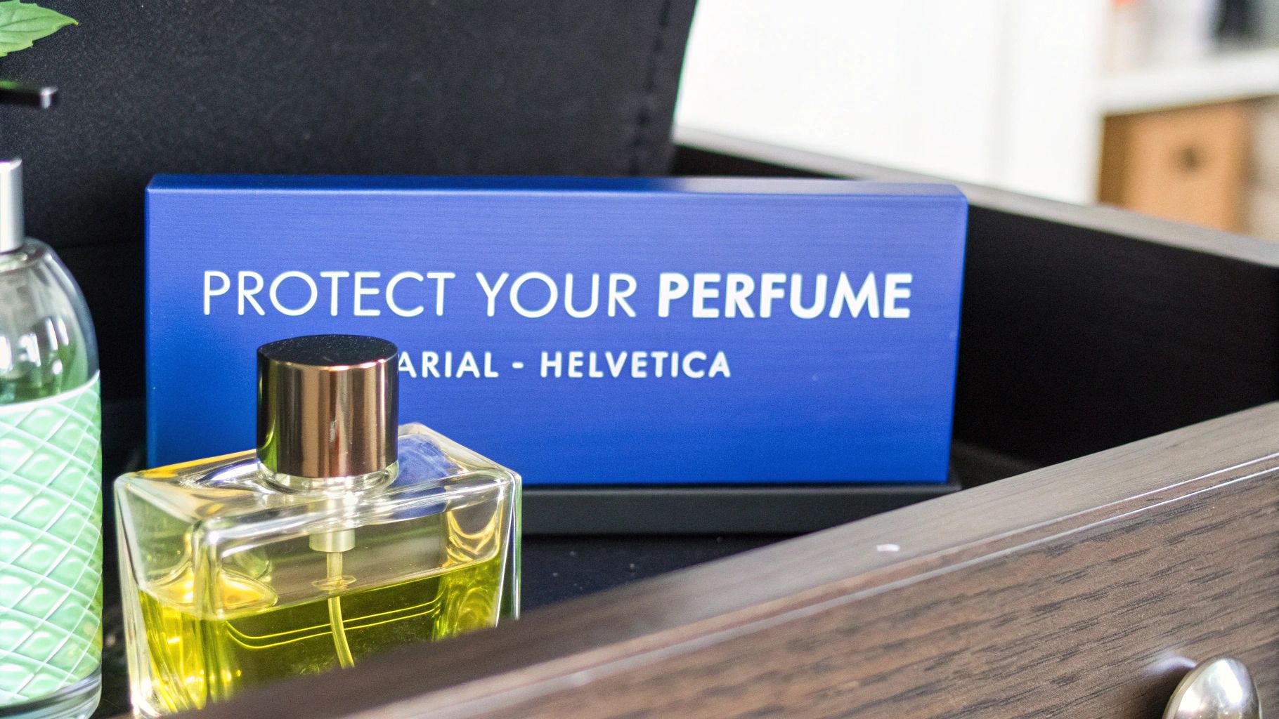 Blue protective case with perfume bottle on wooden desk for fragrance preservation and longevity