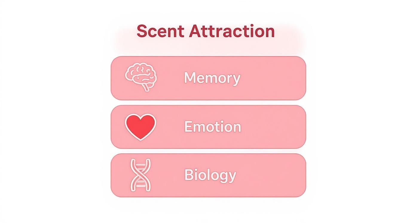 An infographic showing Scent Attraction factors: Memory (brain), Emotion (heart), and Biology (DNA).