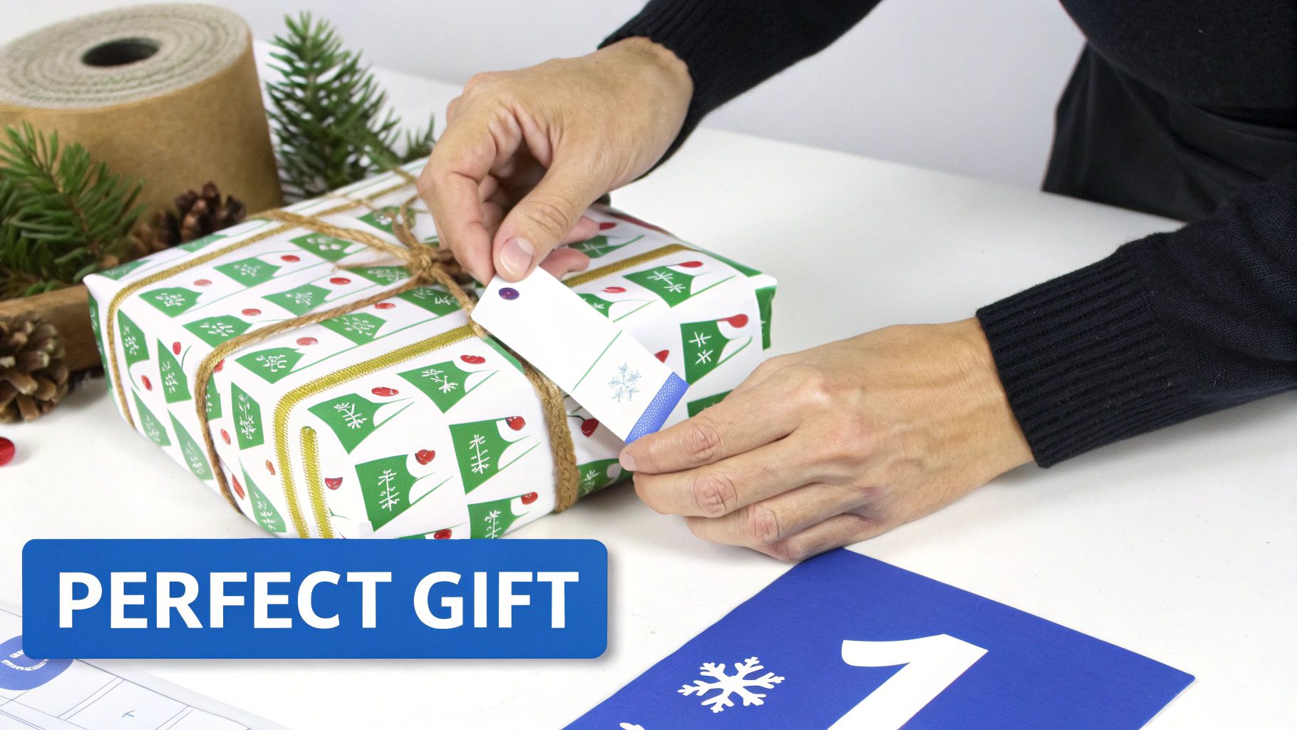 Hands wrapping Christmas present with festive tree pattern paper and gift tag attachment