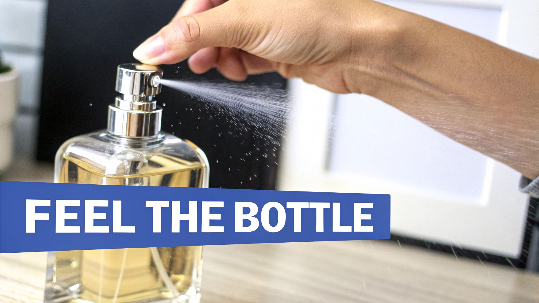 A hand presses the sprayer of a clear perfume bottle, releasing a fine mist. Text: 'FEEL THE BOTTLE'.