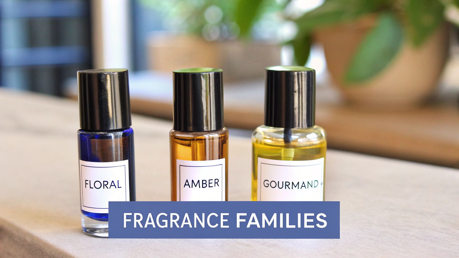 Three small perfume bottles labeled Floral, Amber, and Gourmand, showcasing fragrance families.