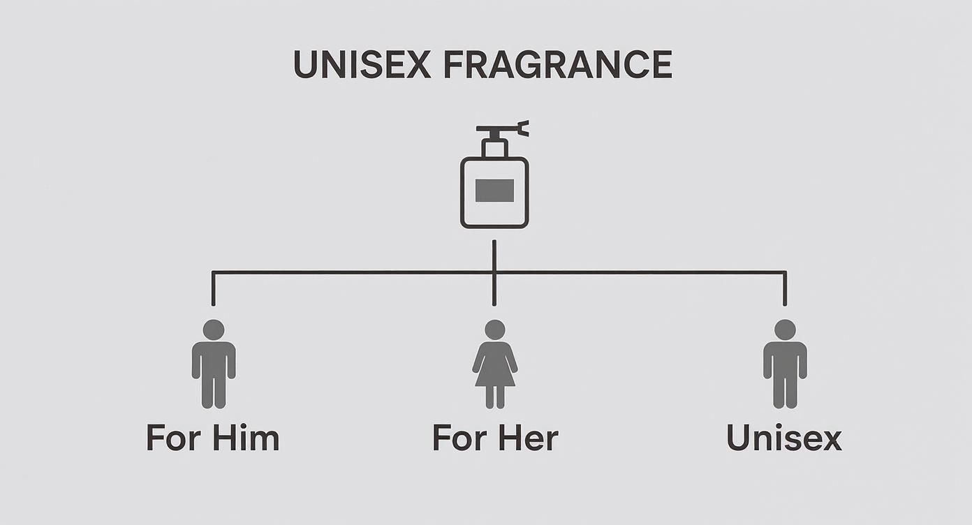 A diagram showing a spray bottle icon labeled 'UNISEX FRAGRANCE' branching to 'For Him', 'For Her', and 'Unisex' figures.