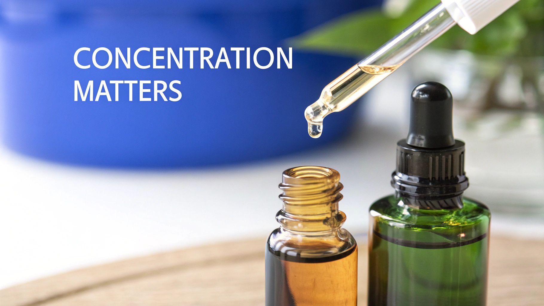 A dropper carefully dispenses liquid into a small amber bottle, with another green bottle and 'CONCENTRATION MATTERS' text.