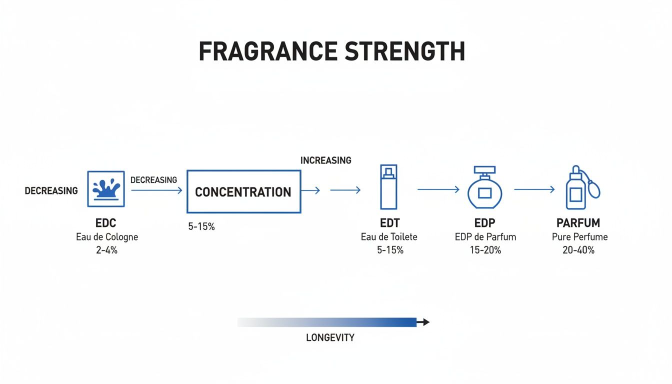 A diagram illustrating fragrance strength, concentration percentages, and increasing longevity for EDC, EDT, EDP, and Parfum.